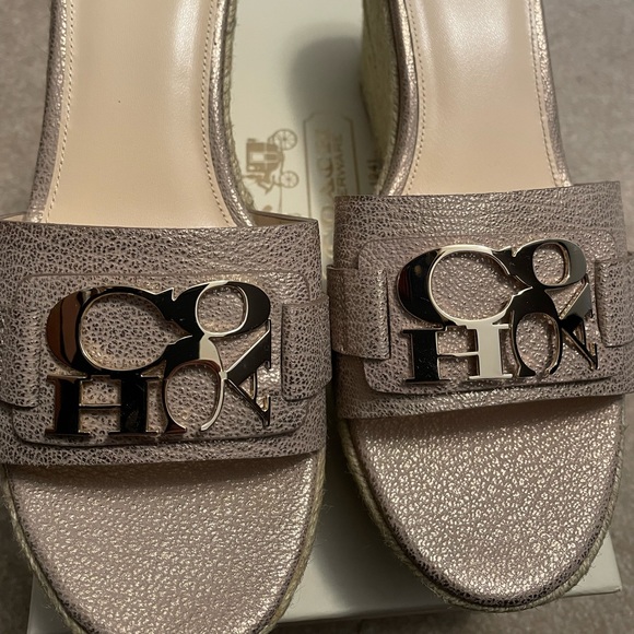 044. NIB Coach Carlana Pebbled Metallic Champagne Espadrilles Platform Wdgs S 9M - Picture 10 of 11